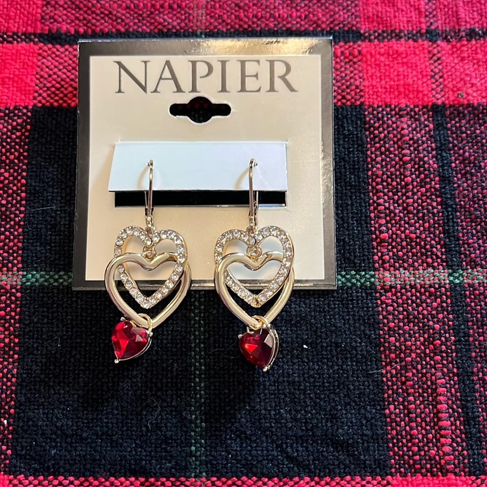 Napier Gold Dangle Heart Earrings w/ CZ & Red gems